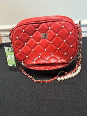 Badgley Mischka Red Quilted Crossbody with Pearl Accents